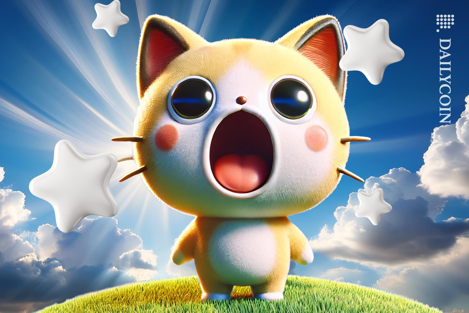 Pop cat is shocked and happy standing on top of a hill.