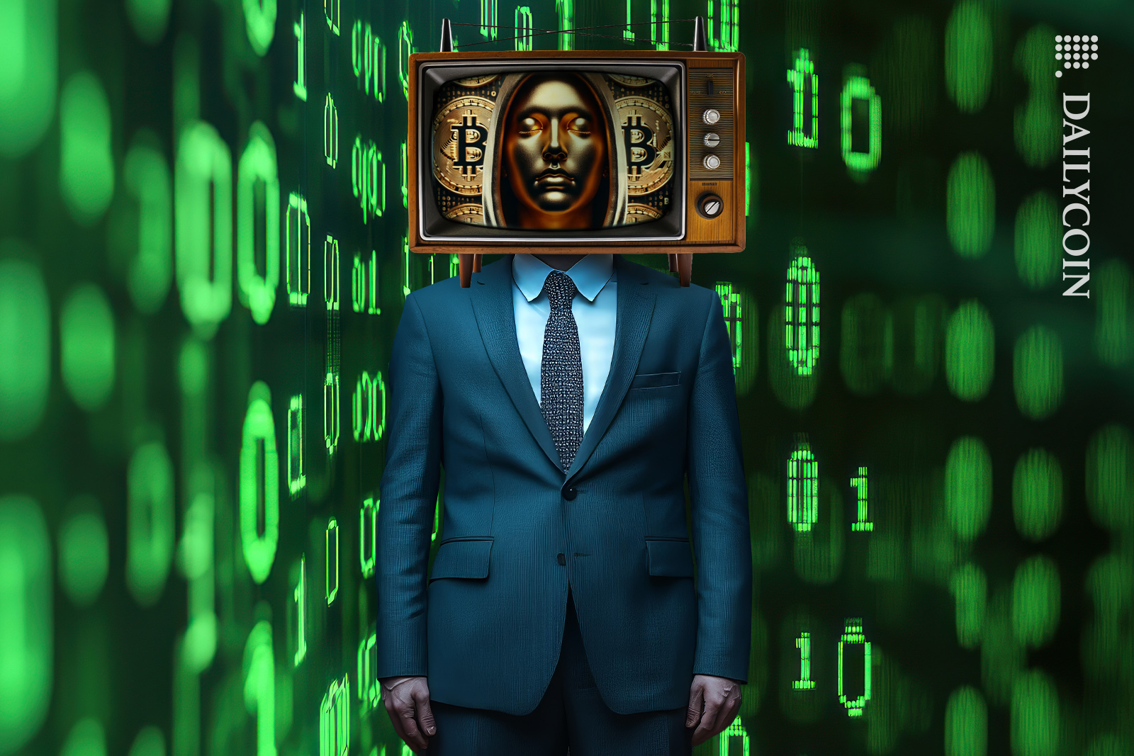 Satoshi Nakamoto standing with a tv covering his face.