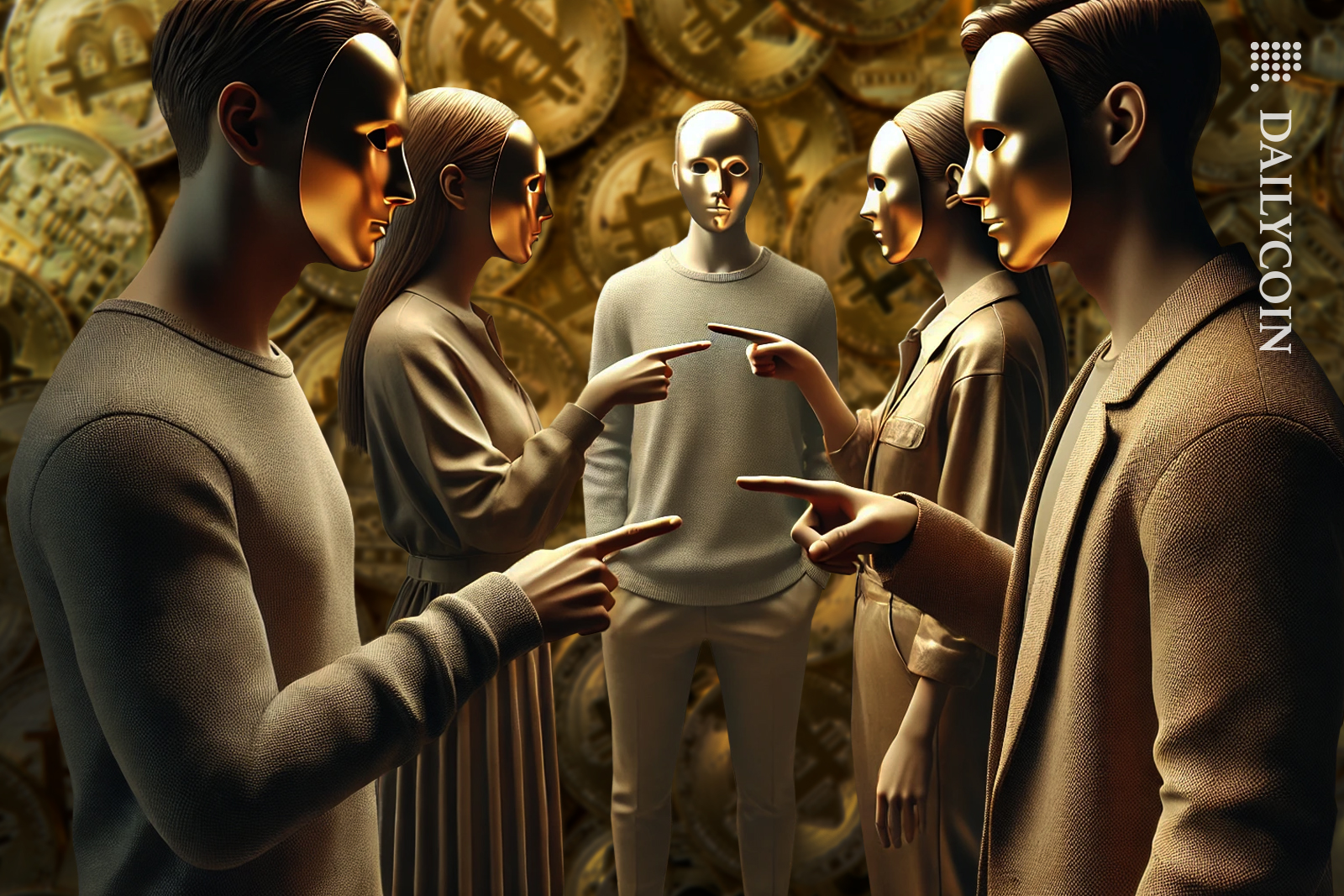 Gold masked people are pointing to each other as there are hundreds of bitcoins in the background.