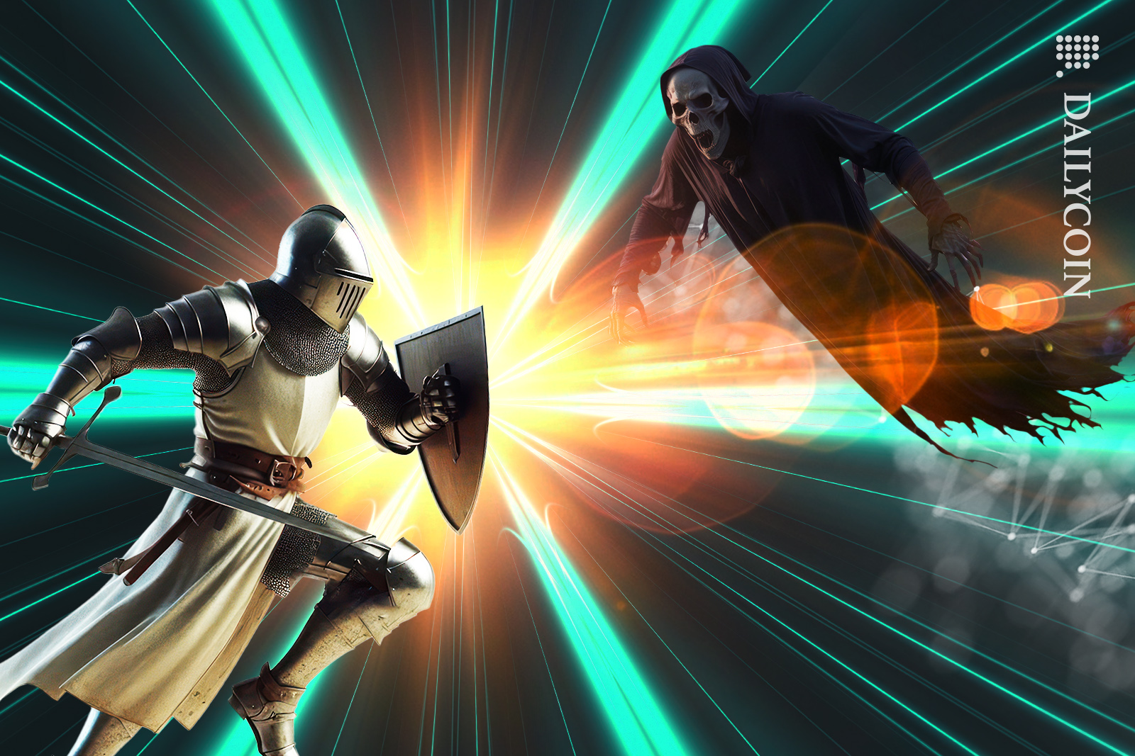 A knight fighting a crypto demon.