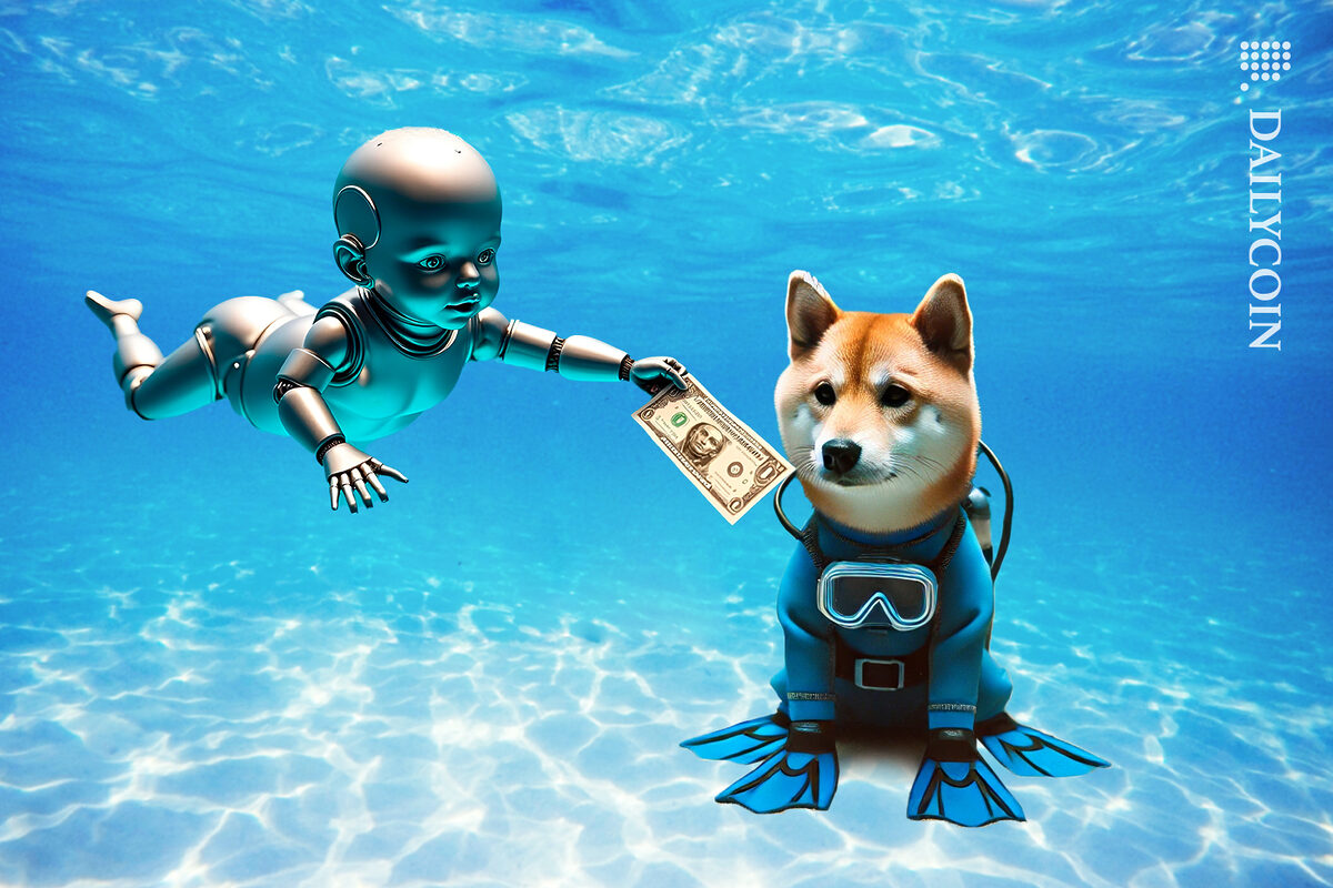 Underwater scene of Shiba Inu being approached by an AI robot trying to give him a dollar.