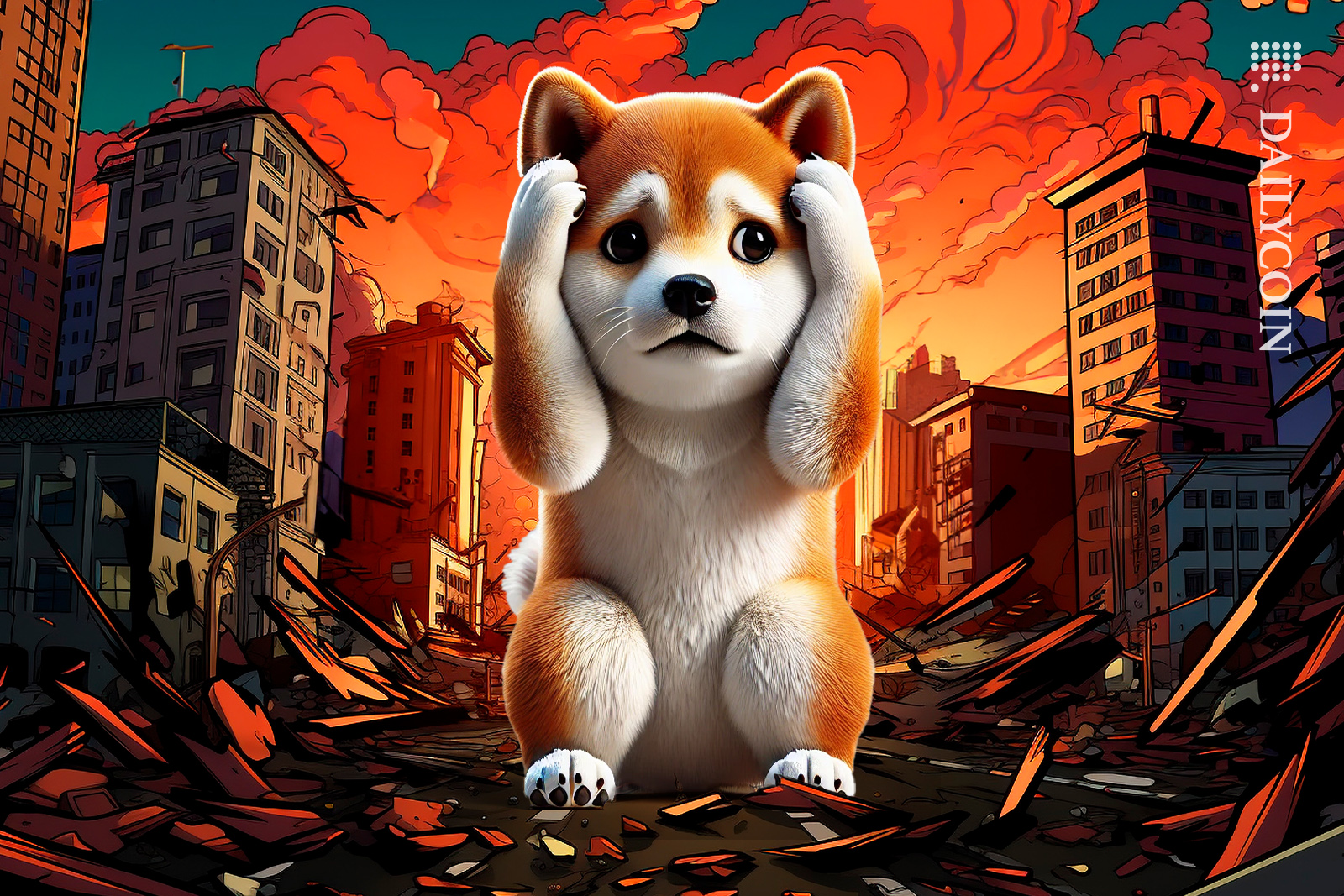 Littler shiba inu worried and scared about the collapsing crypto space.