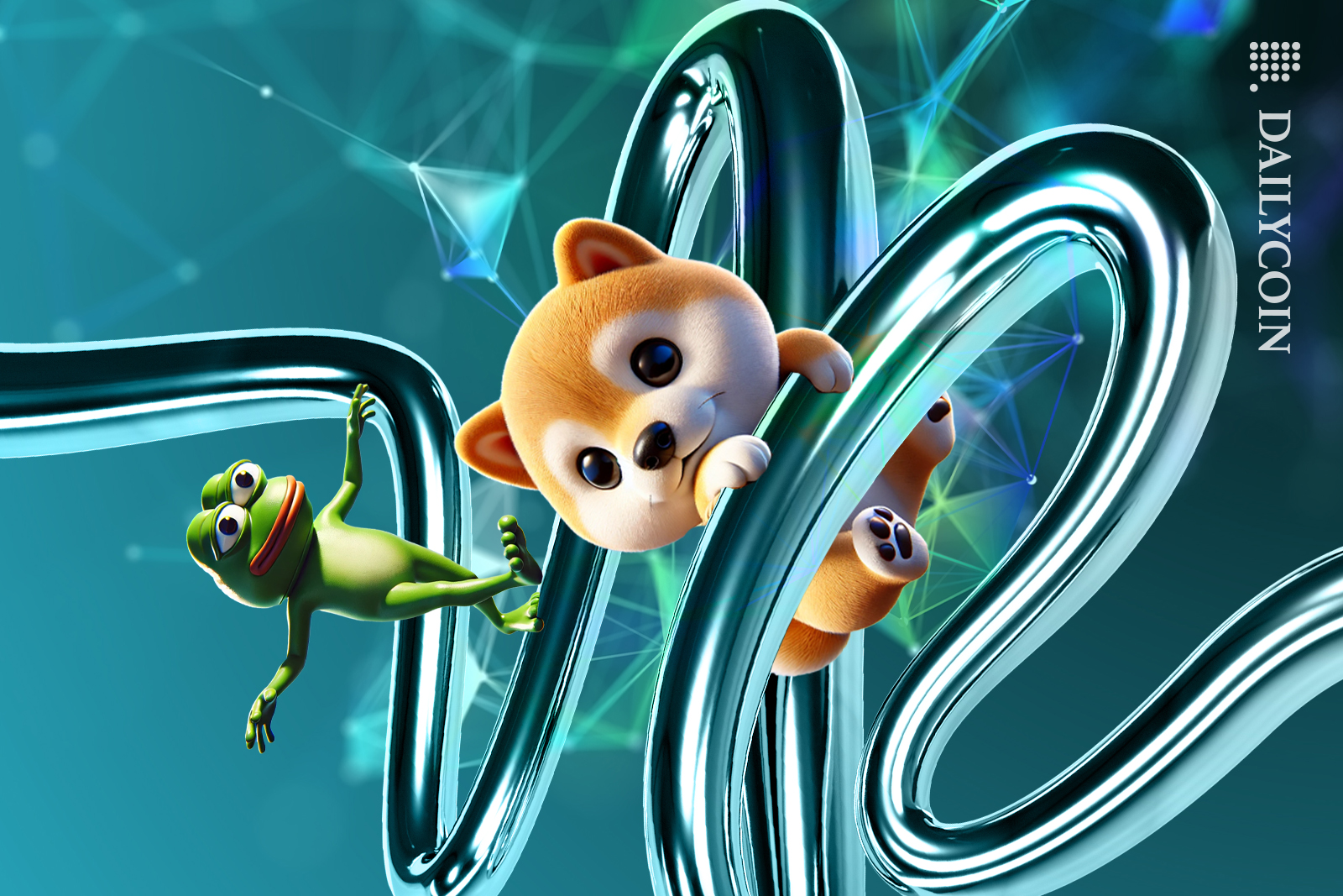 Pepe and shiba inu climbing the digital blockchain wave.