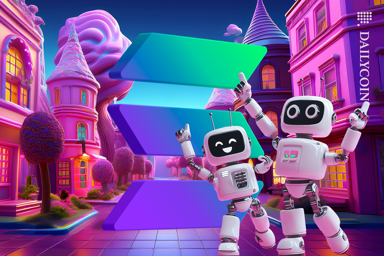 Two robots are supporting Solana.