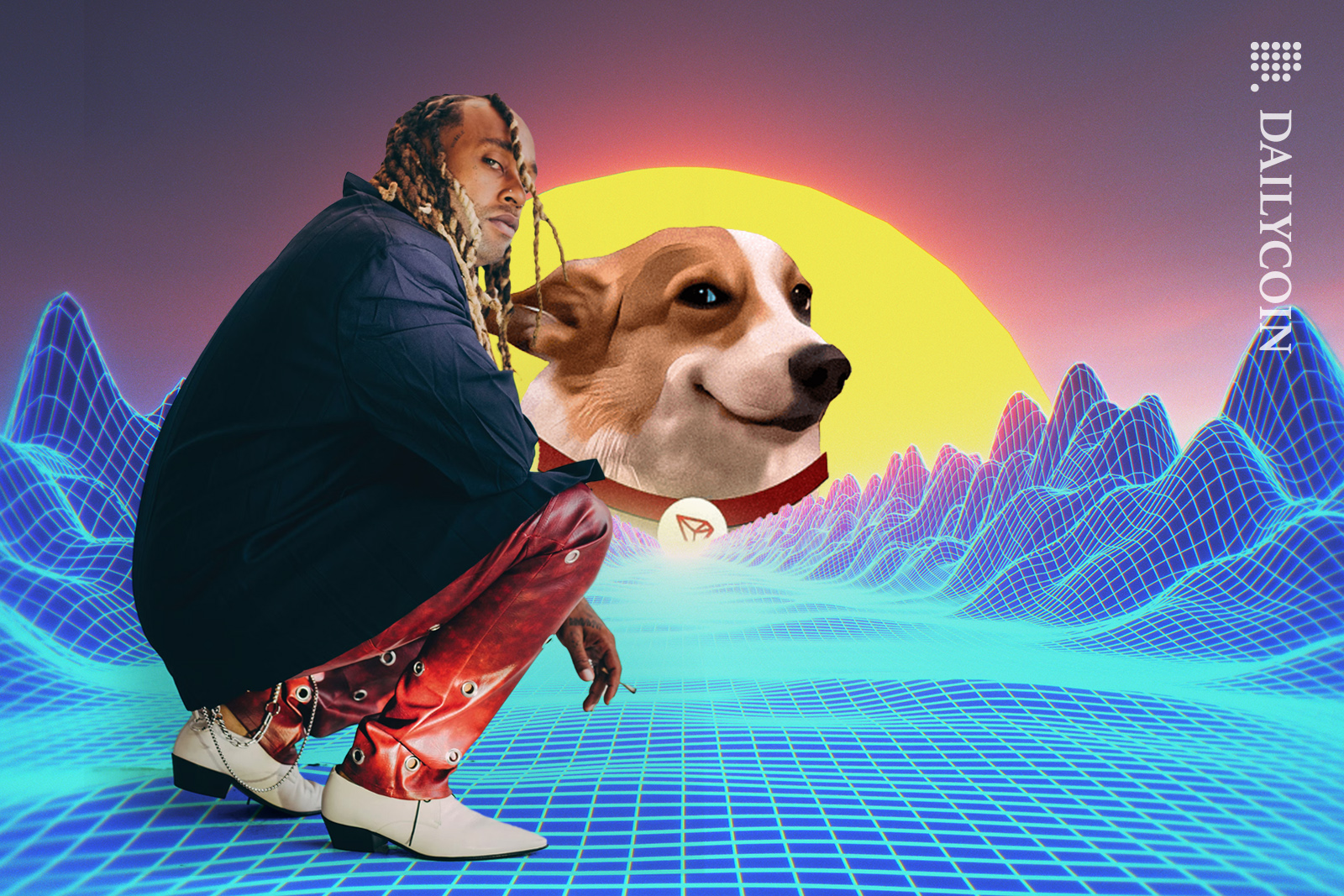 Ty Dolla$ign crouching down as SUNDOG is appearing from the distance in the digital land.