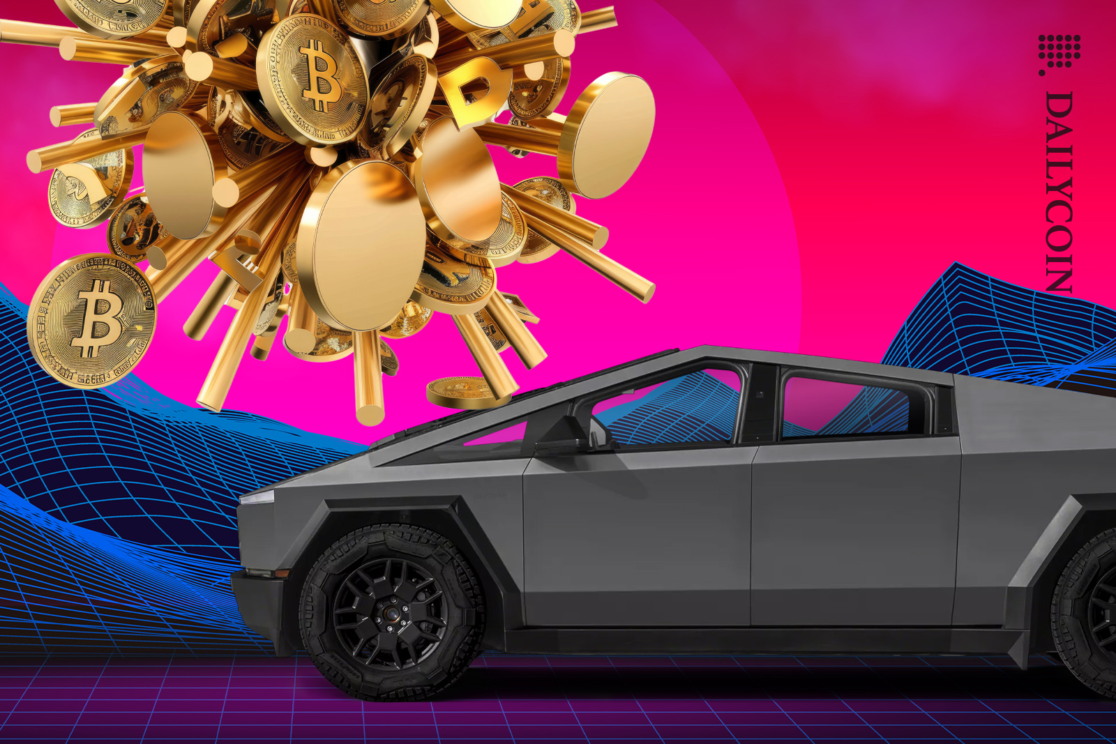 A bitcoin coin explosion on a Tesla cybertruck.