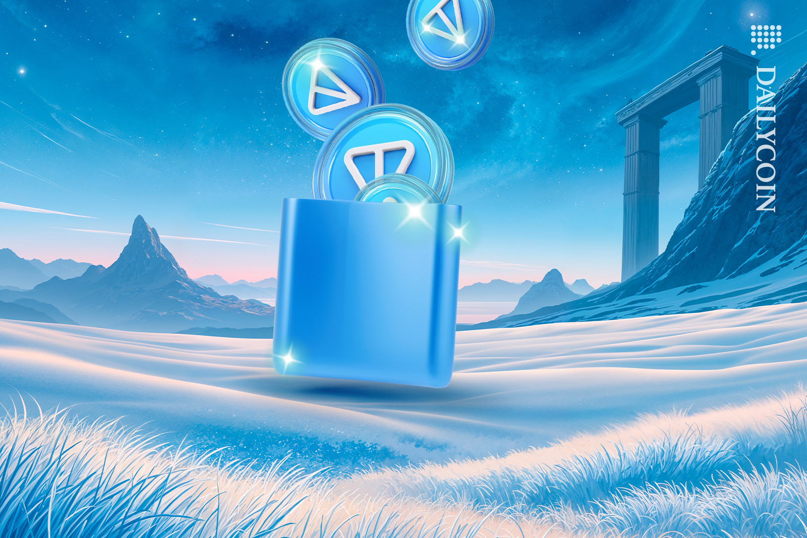 Ton coins are moving out of the ton wallet up into the air as the Ton wallet floats on a beautiful calming land.