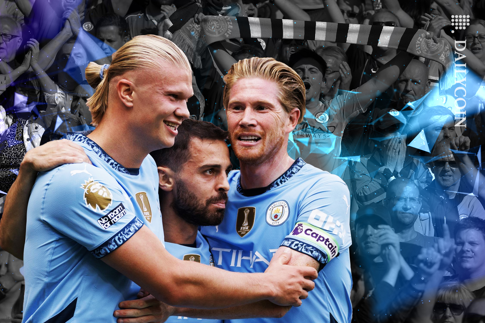 Manchester city fans cheering the players and blockchain.