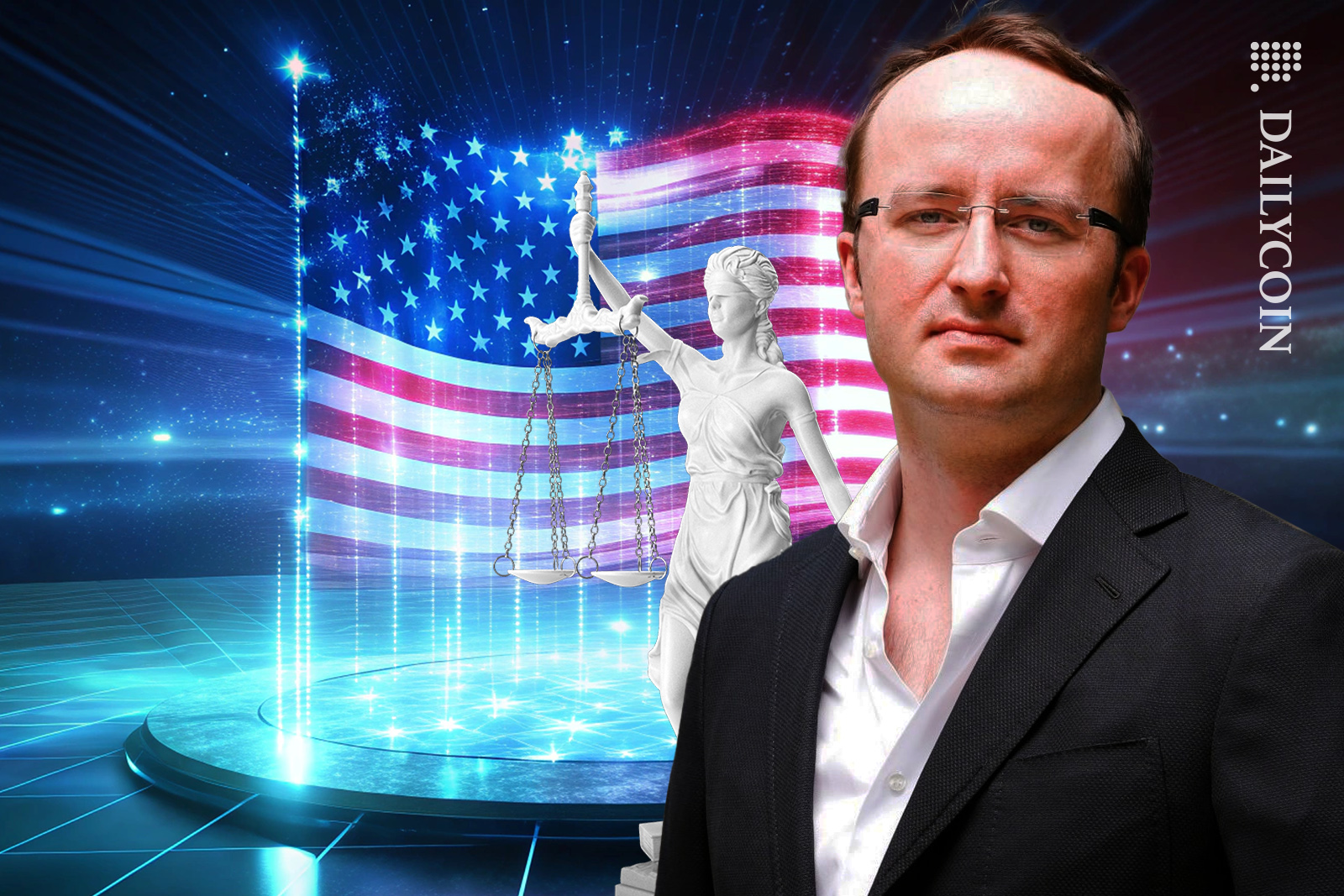 Kris Marszalek with lady Justice as the USA flag glows.