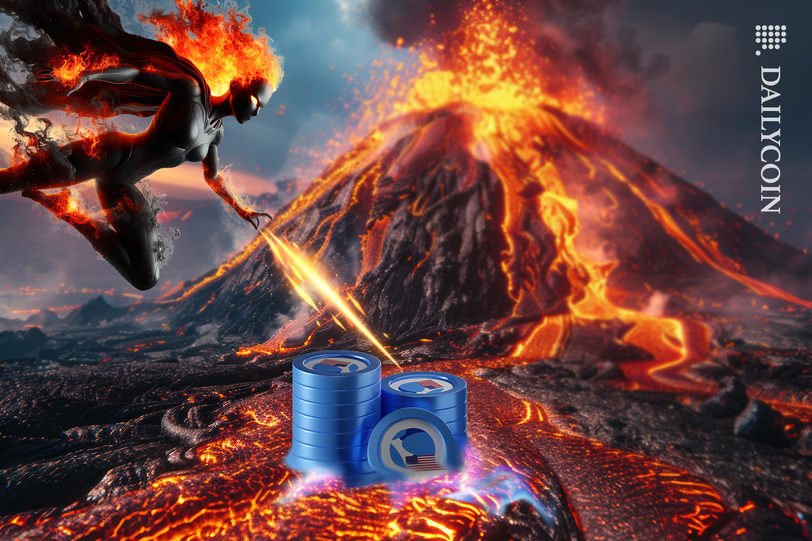 Fire lady striking USTC with burning powers as a volcano erupts behind her.