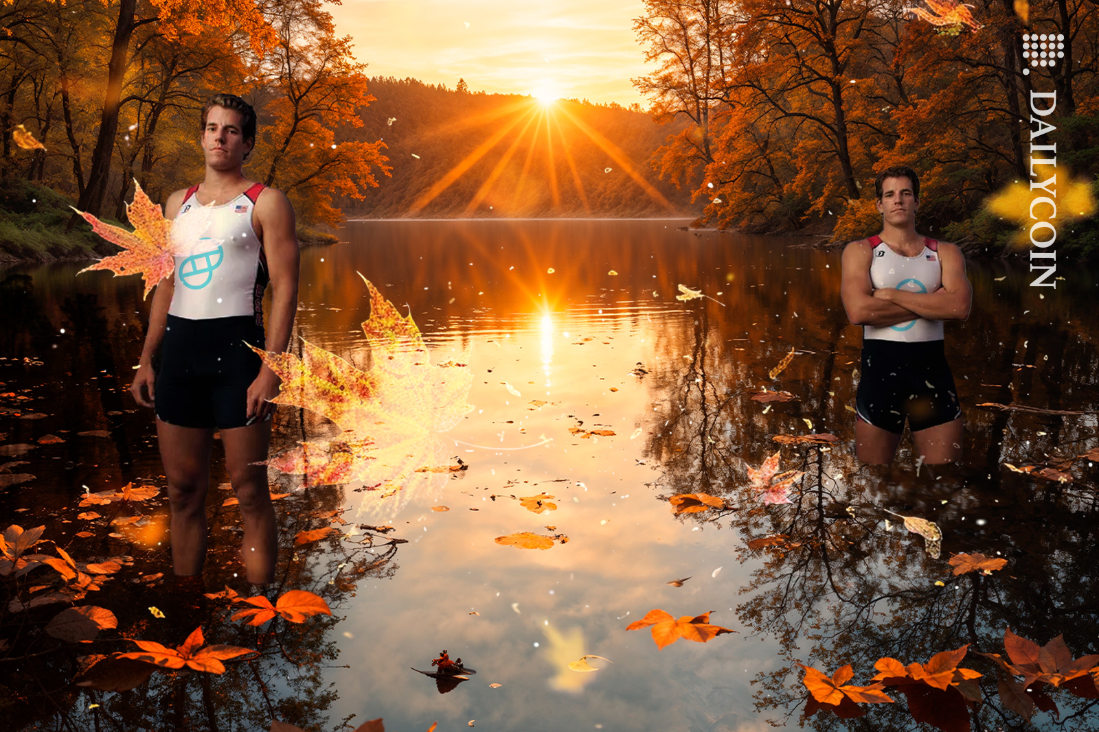 Winklewoss twins in shallow waters as maple leaves are falling.