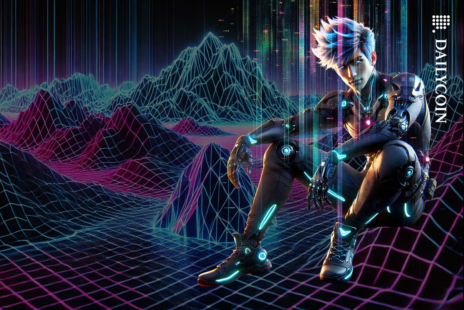 An AI agent sitting on a hill in a glowing wireframe landscape.