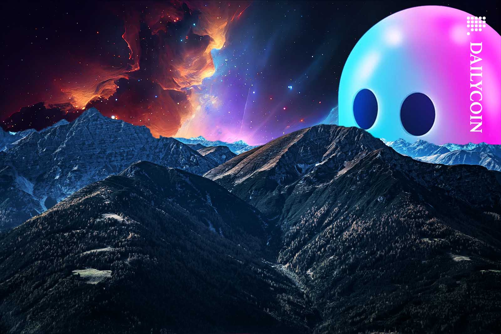 Aave mascot peeking from behind a mountain range.