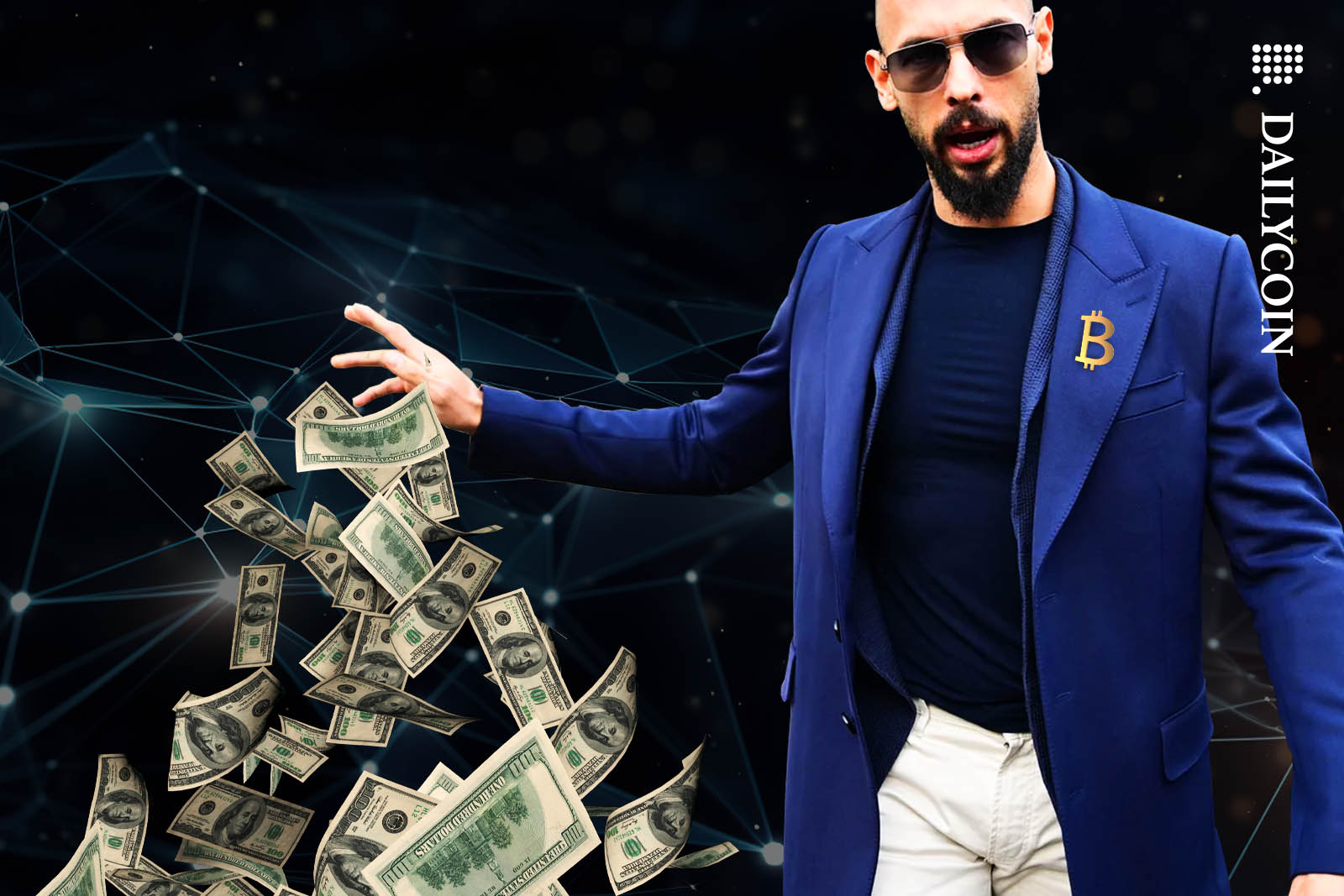 Andrew Tate with a Bitcoin pin on his coat dropping lots of money.