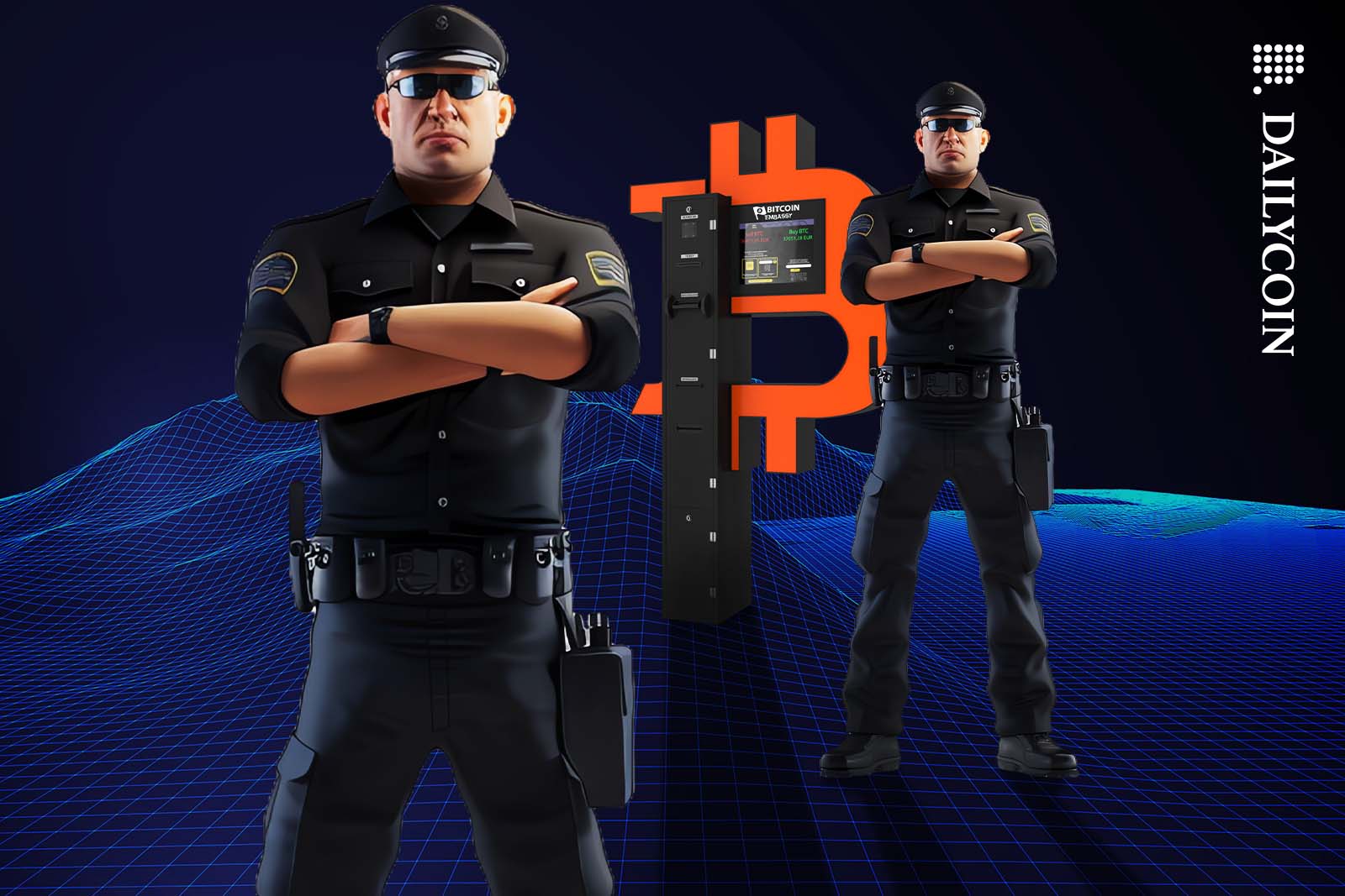 Two security officers standing guard next to a Bitcoin ATM.