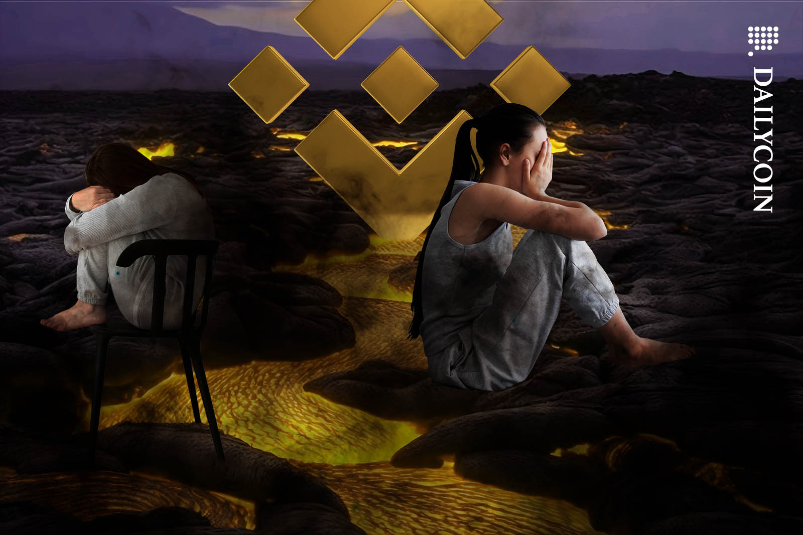 Two depressed women not happy about Pi's price & the lack of listings sitting in front of a Binance logo in a lava field.