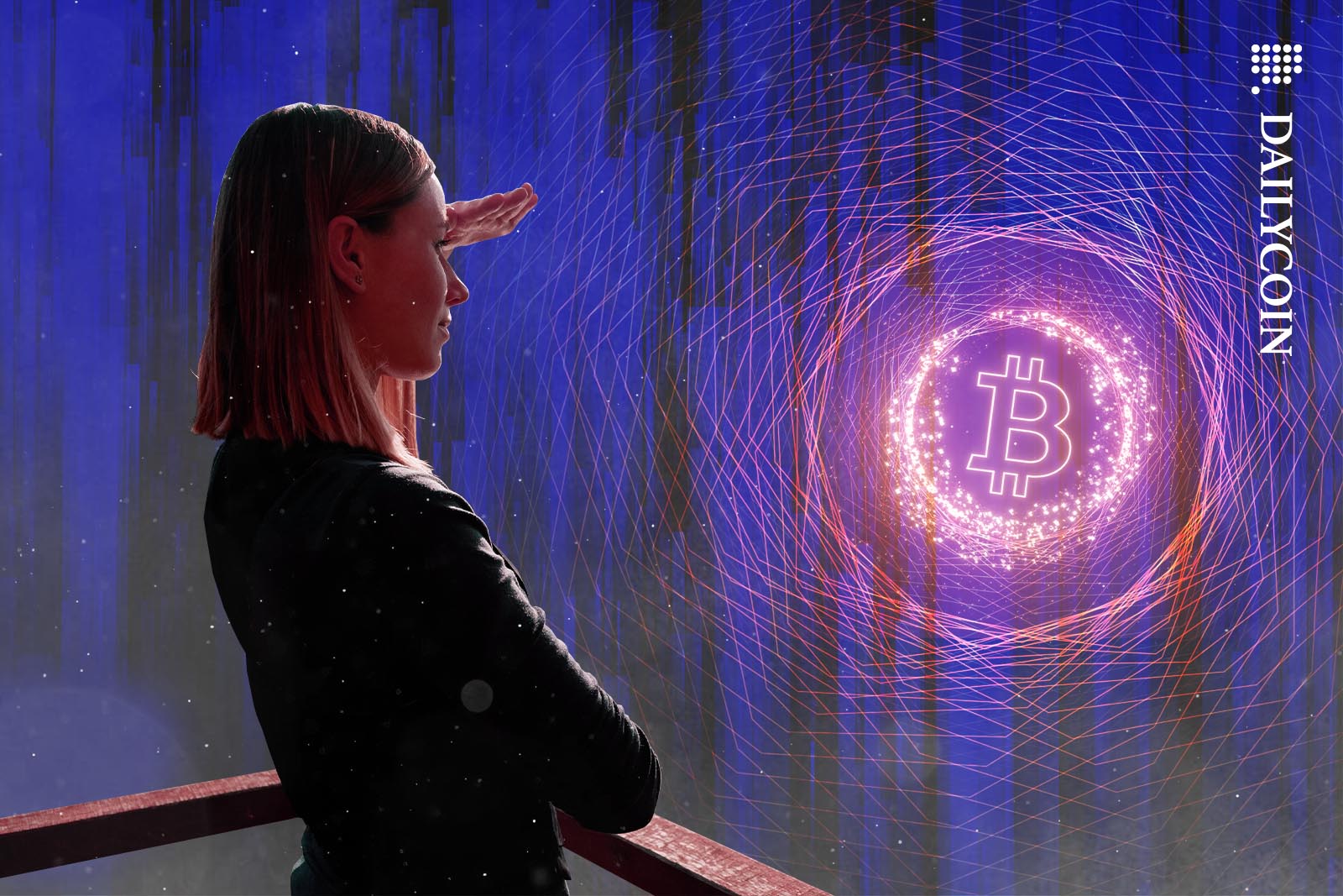 Woman looking in the distance at a digital Bitcoin thing.