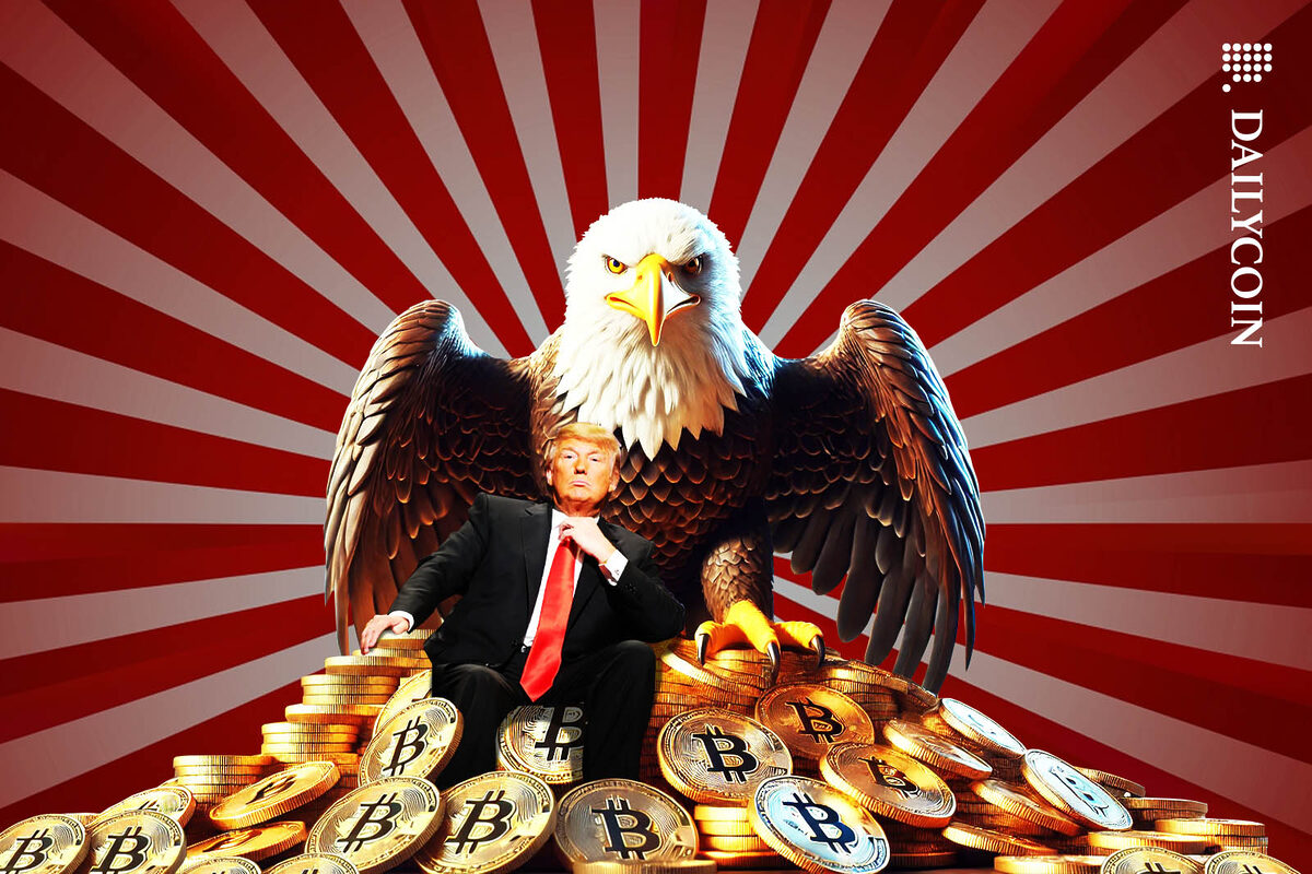 Donald Trump and a large bald eagle posing on top of a pile of Bitcoins.