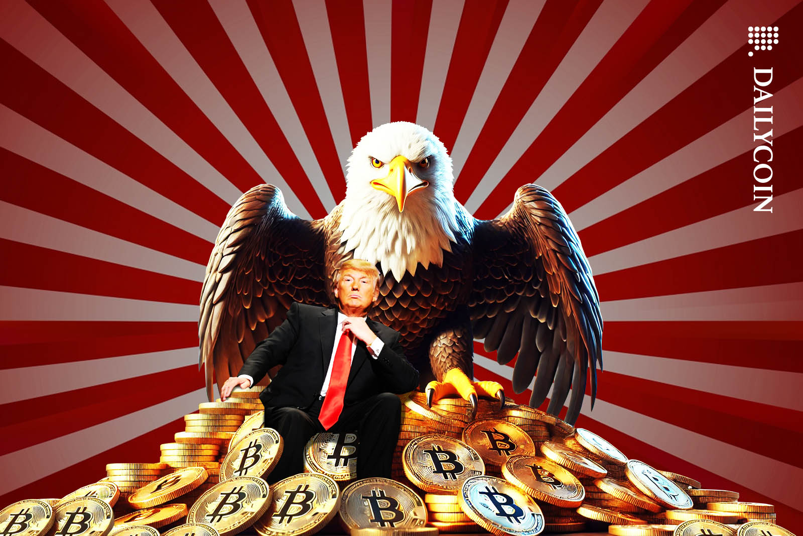 Donald Trump and a large bald eagle posing on top of a pile of Bitcoins.