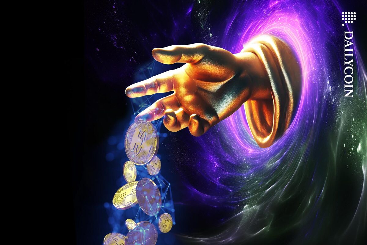God-like hand dropping Tether coins from a Black Hole.