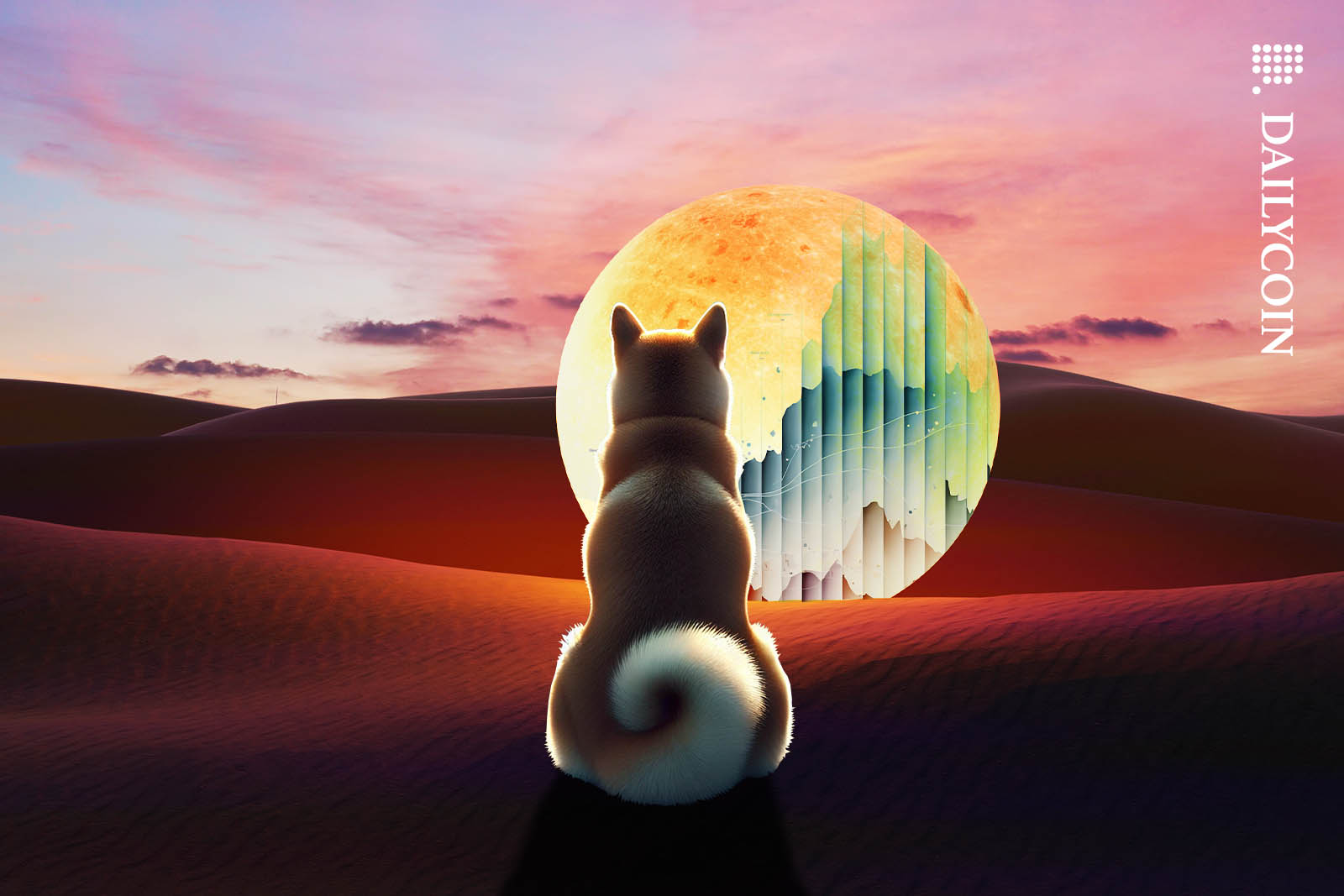 Dog looking at a moon in a dessert.