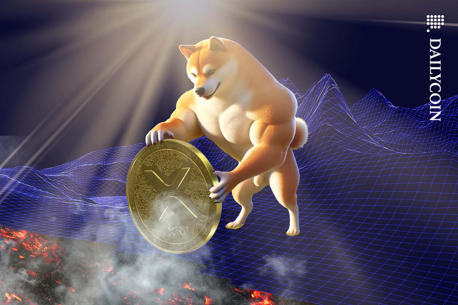 Dogecoin dog looking at an XRP coin as he is holding it in a wireframe environment.