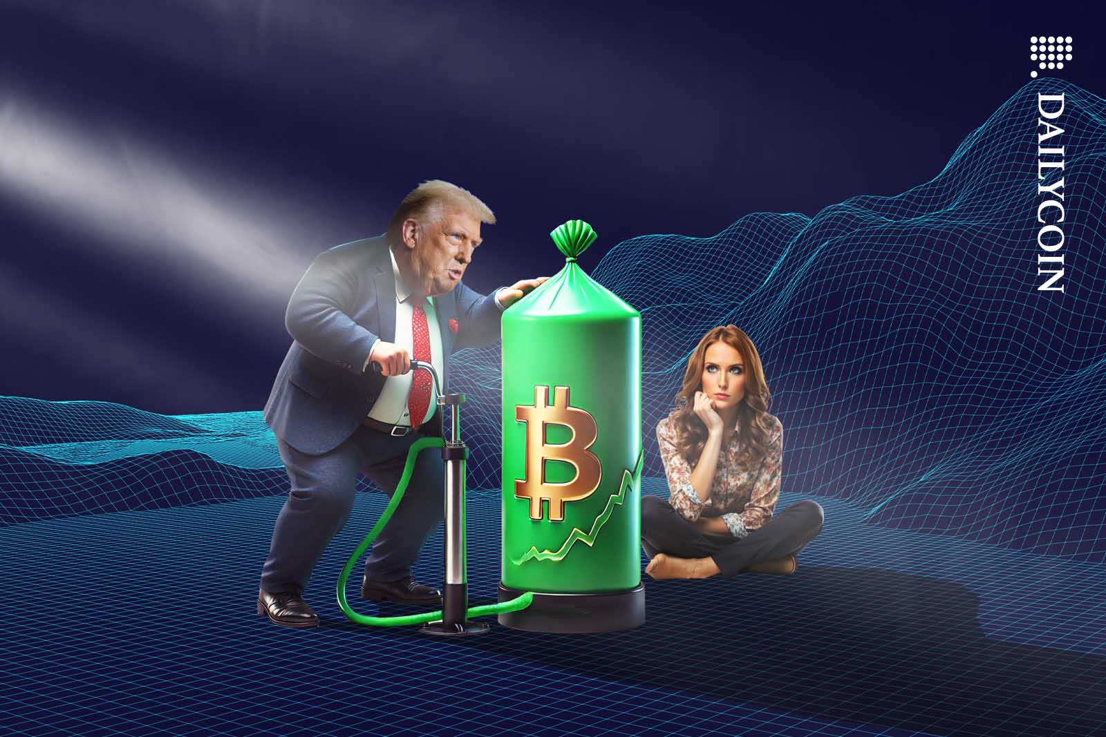 Donald Trump pumping up a Bitcoin bag.