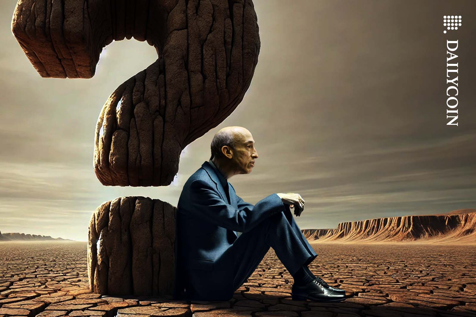 Gary Gensler sitting next to a huge question mark made out of rock.