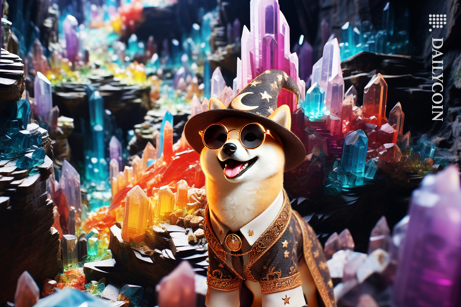 Shiba Inu dog dressed as a wizard in Shibarium's gem land, laughing & thinking about launching cross-chain dApps.