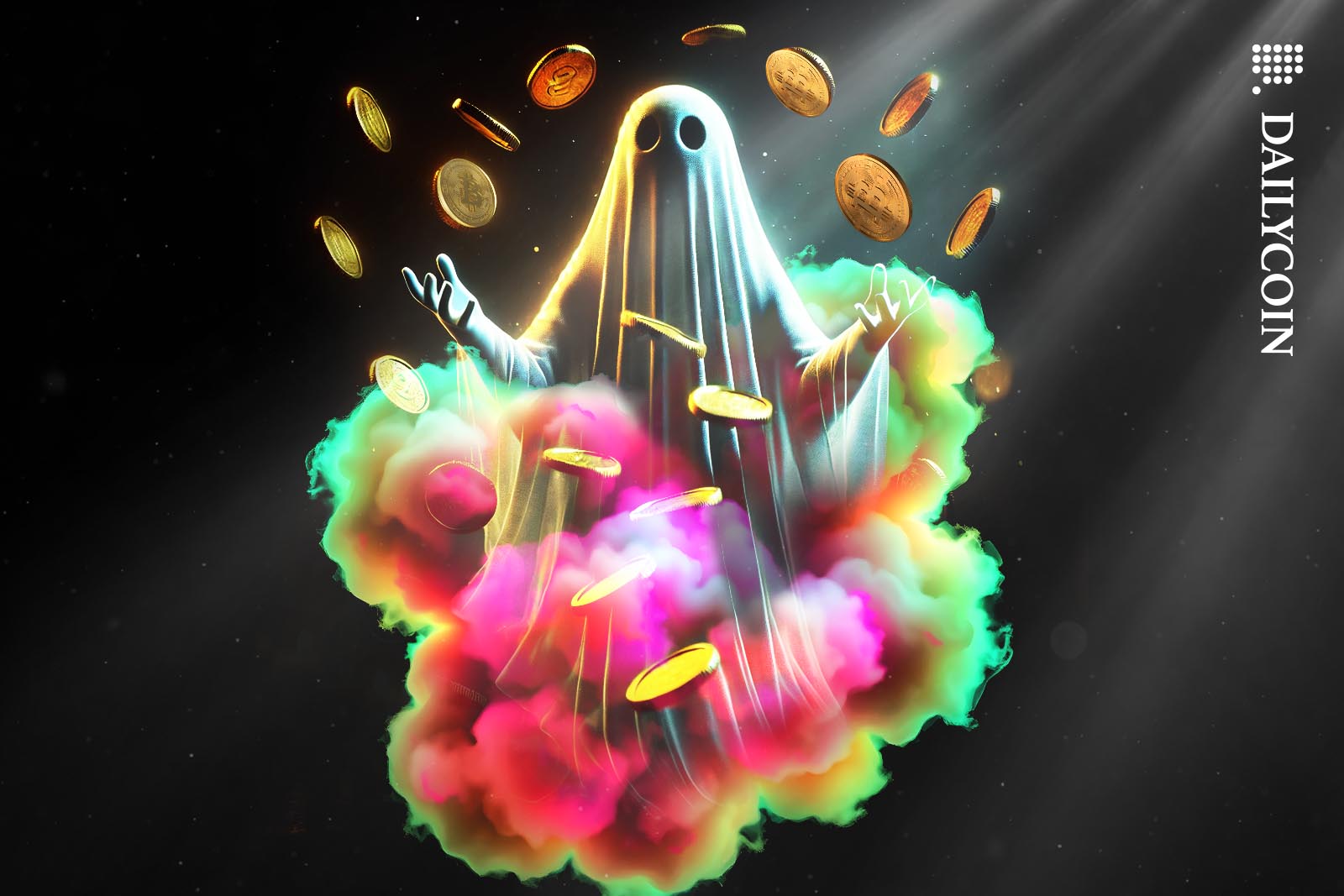 A ghost juggling with golden XRP coins on a colorful cloud.