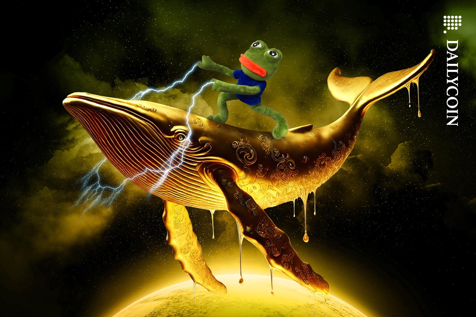 Pepe coin mascot PEPE the frog riding a golden whale in space.