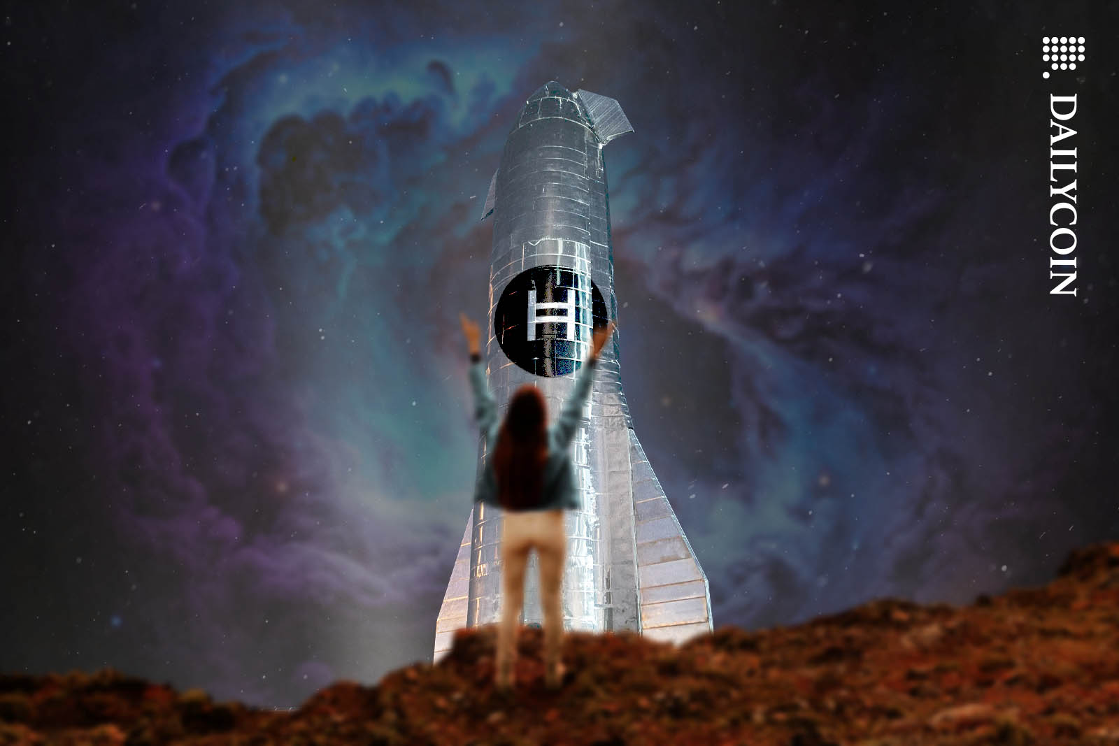 Woman celebrating a SpaceX rocket with A HBAR price logo on it.