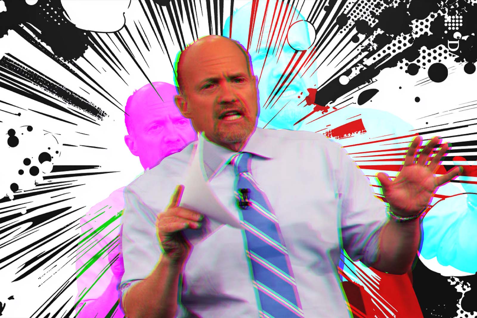 Jim Kramer explaining something enthusiastically in front of a comic-book style background.
