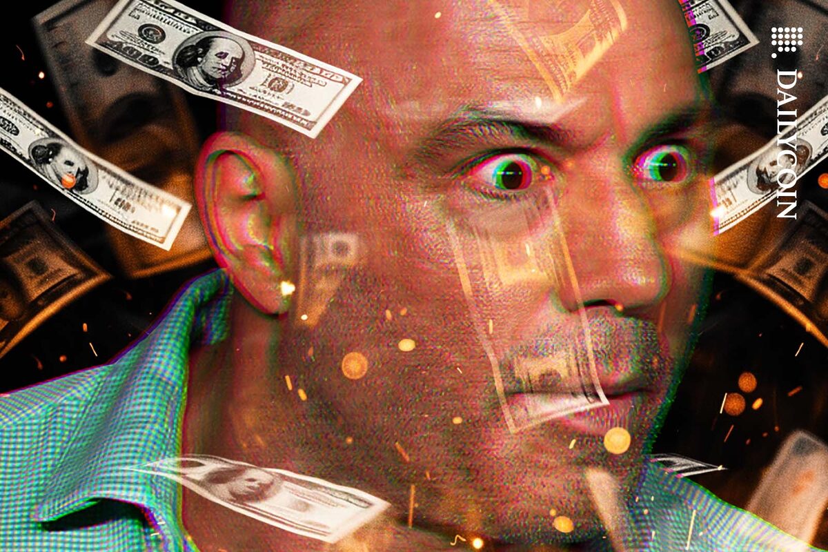 Joe Rogan appears to be shocked, surrounded by by burning banknotes.