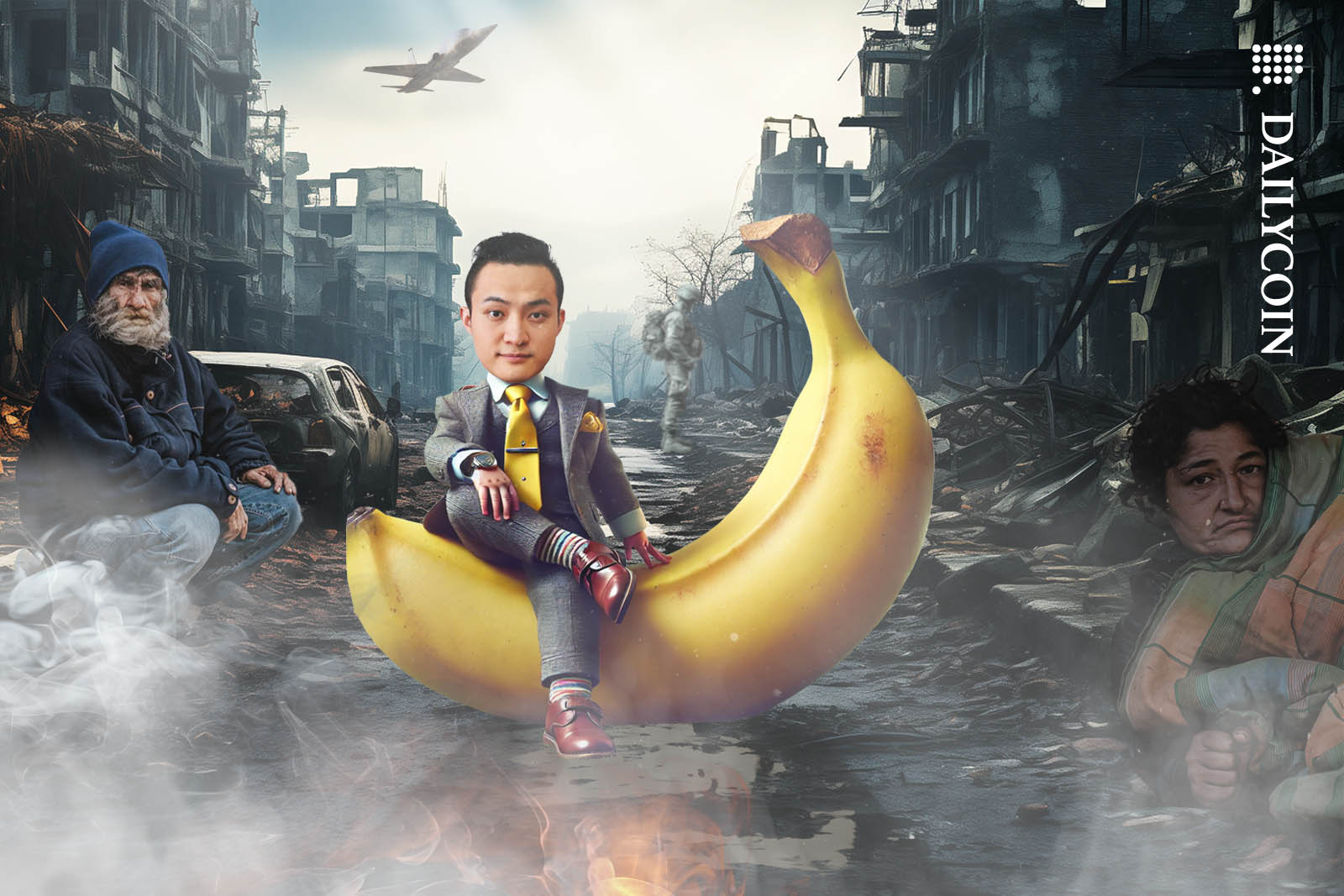 Justin Sun posing with a large banana in a very poor, war thorned area.
