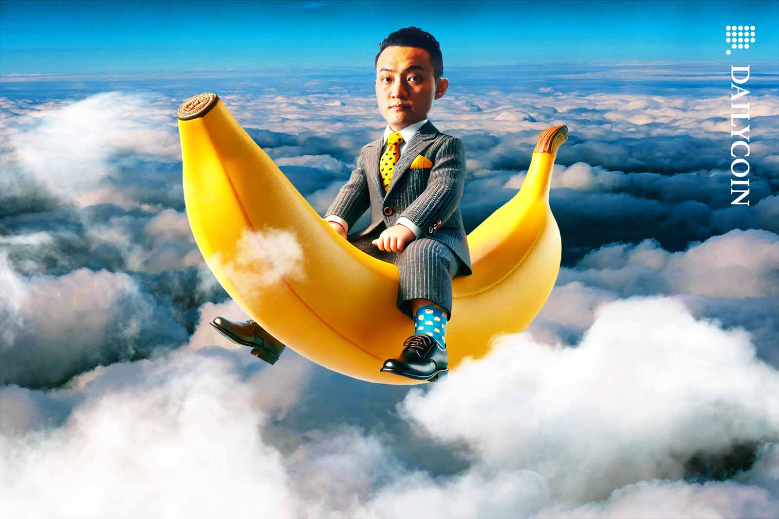 Justin Sun riding a banana he bought with Trump coin above the clouds.