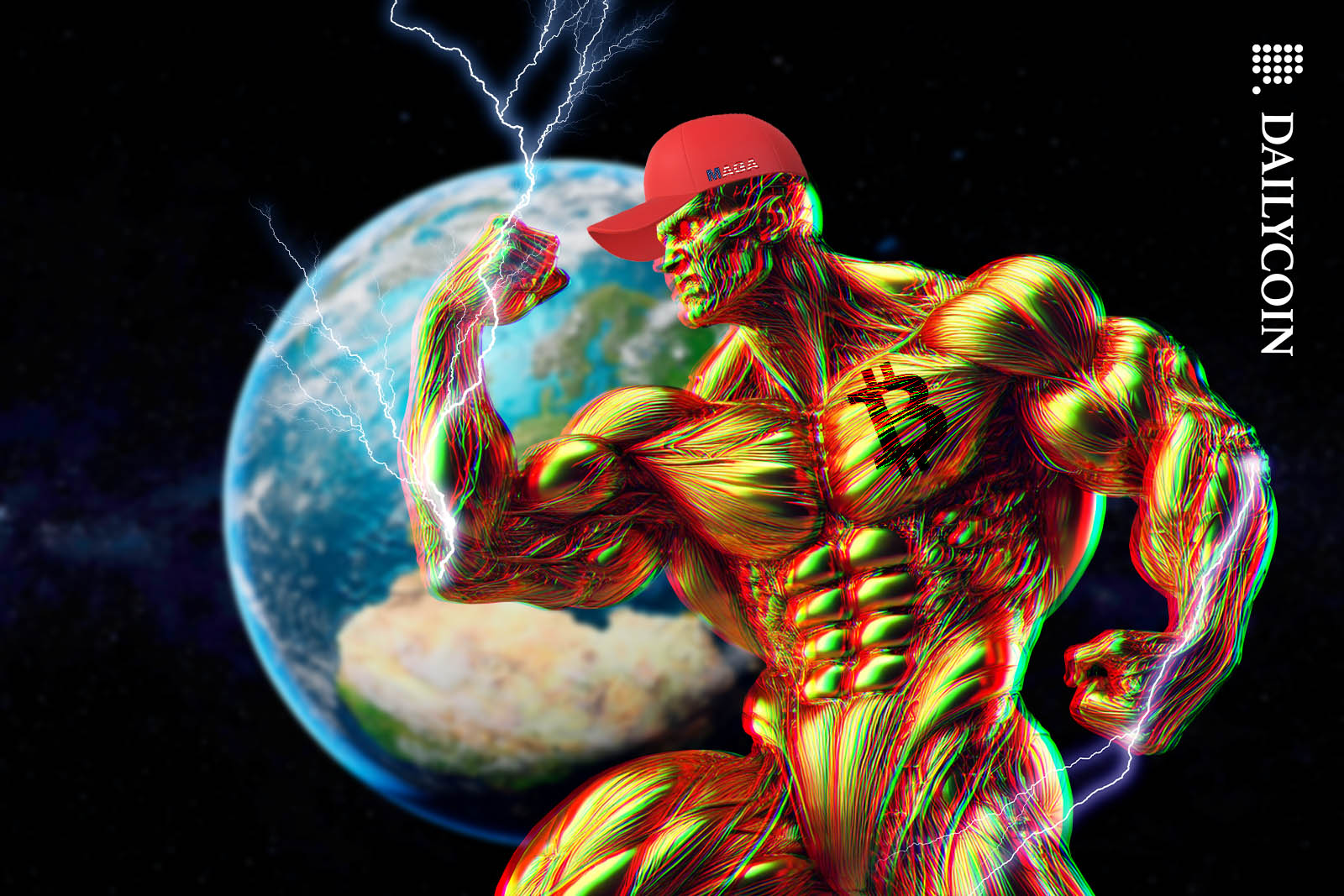 Giant liquid gold humanoid robot flexing huge muscles in a MAGA hat.