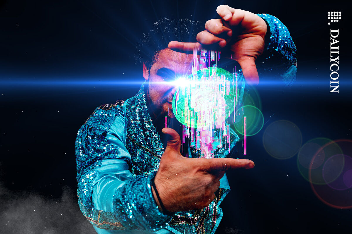 A man makeing a coin appear through magic.