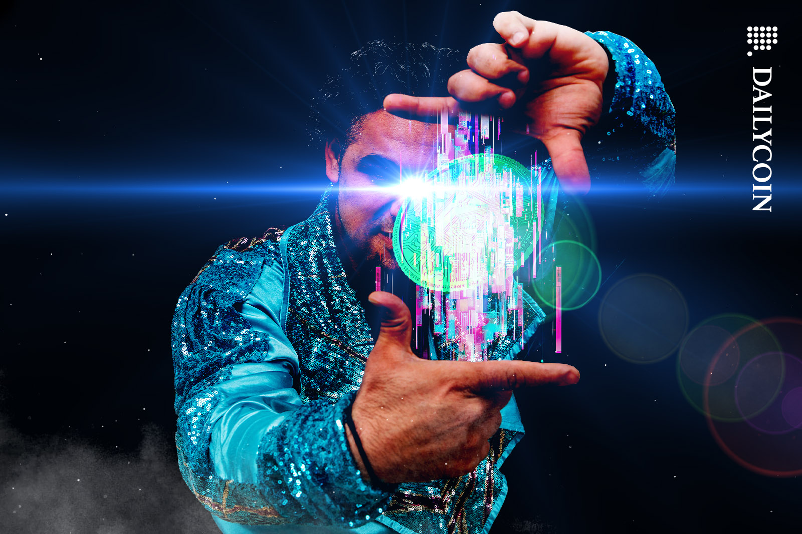 A man makeing a coin appear through magic.