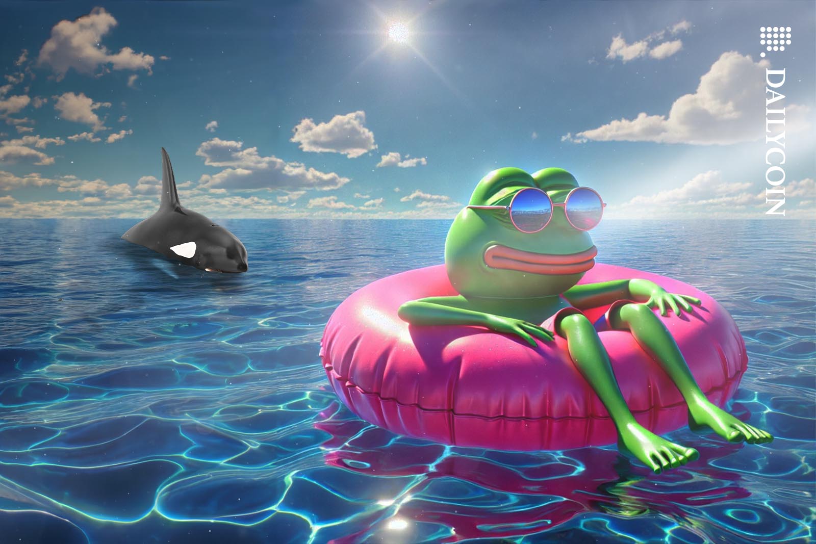 Pepe the frog floating around at sea peacefully as an orca eyeing him up from behind to crunch PEPE price.