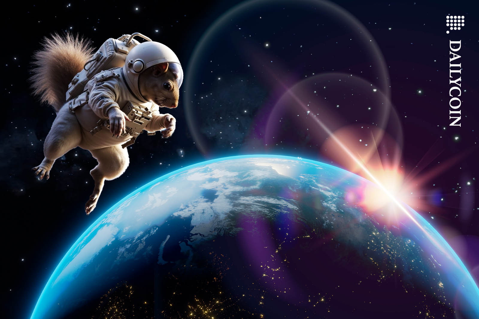 PNUT the squirrel floating in space looking at Earth.