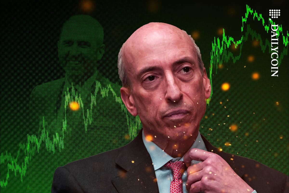 Gary Gensler looking uncomfortable in front of green crypto charts and Brad Garlinghouse.