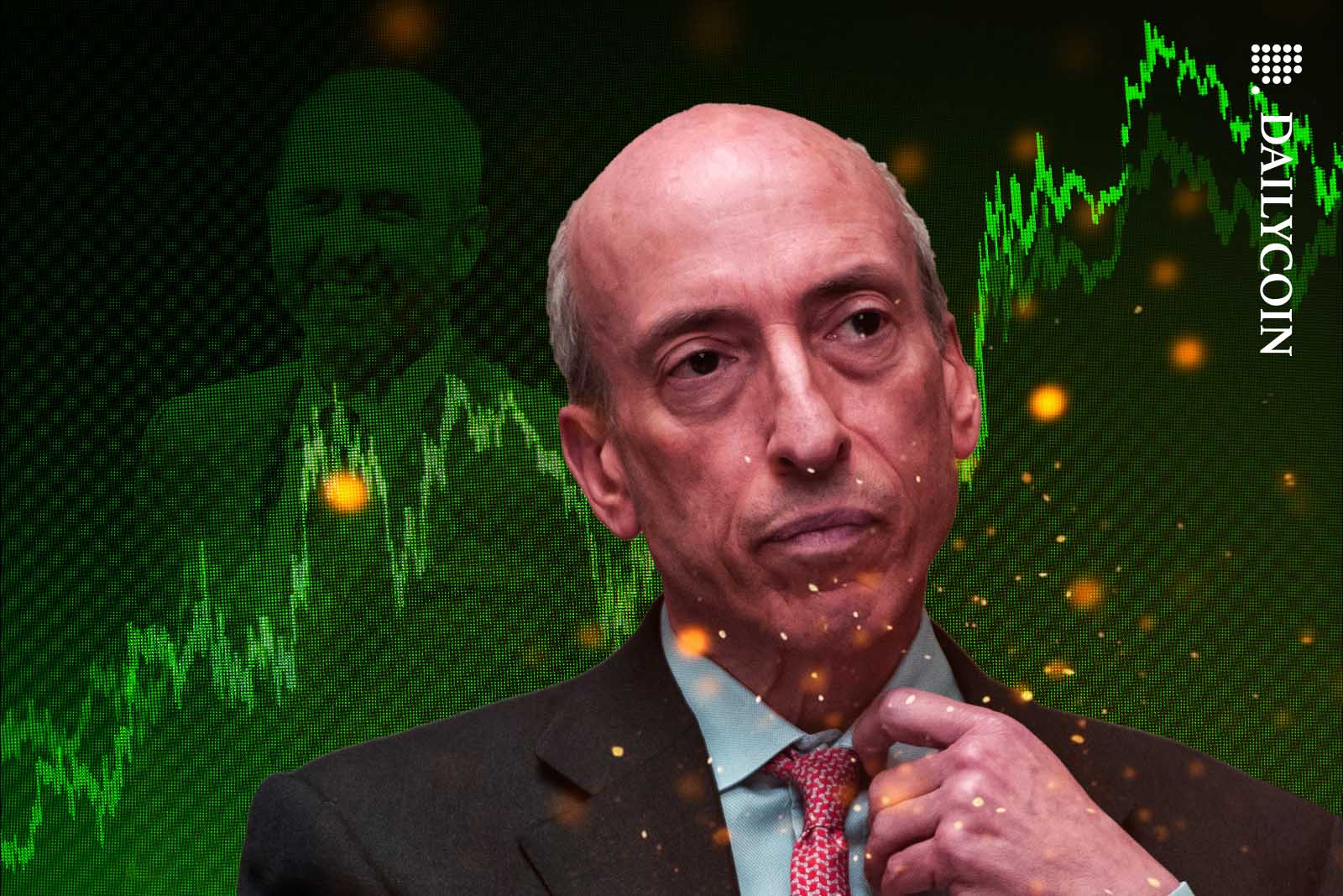 Gary Gensler looking uncomfortable in front of green crypto charts and Brad Garlinghouse.