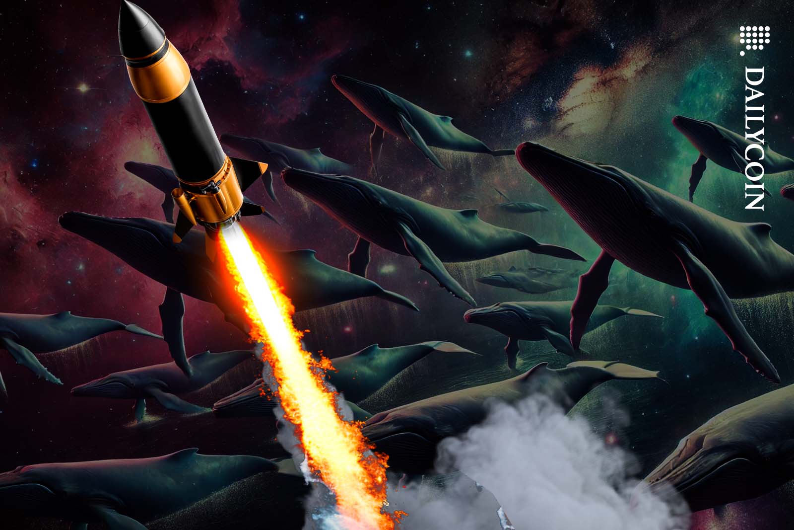 Lots of XRP whales looking at a rocket soaring in space.