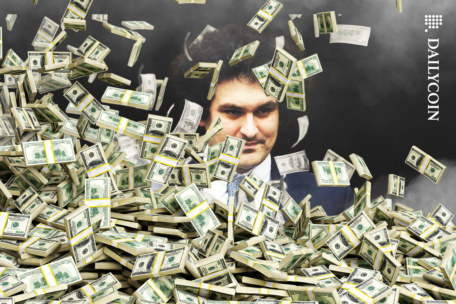 Sam Bankman Fried in a cloud of money and smoke.