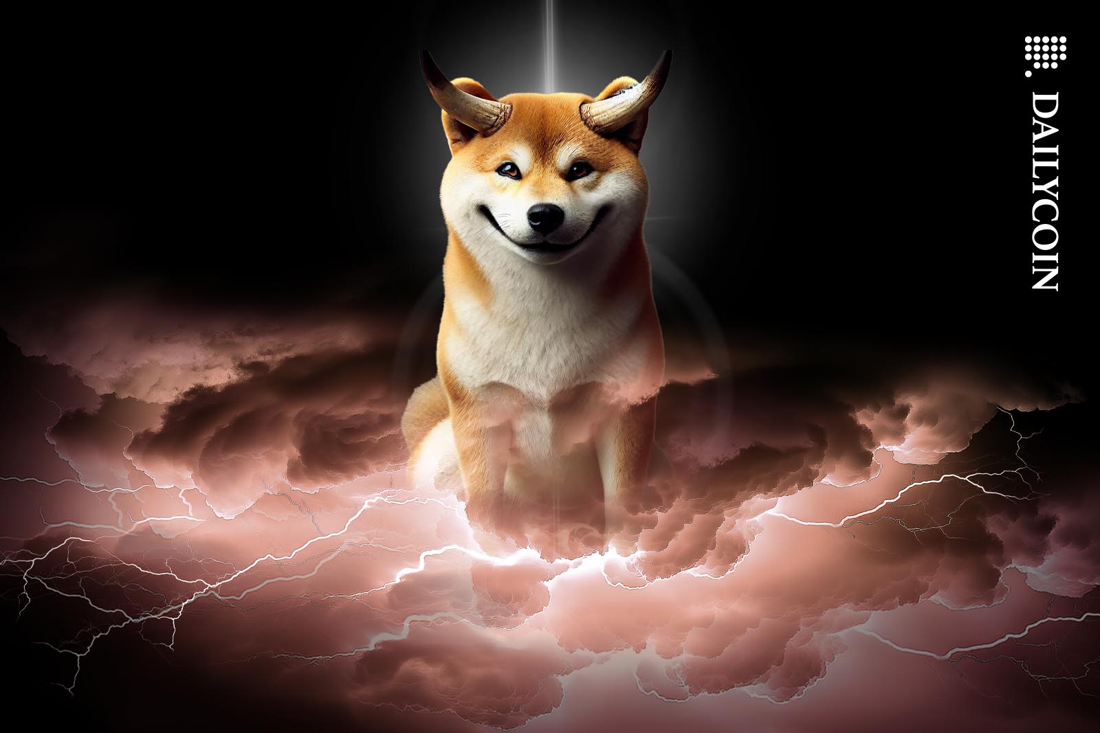 Shiba Inu is smiling in space with a crown chilling in peach-colored clouds.