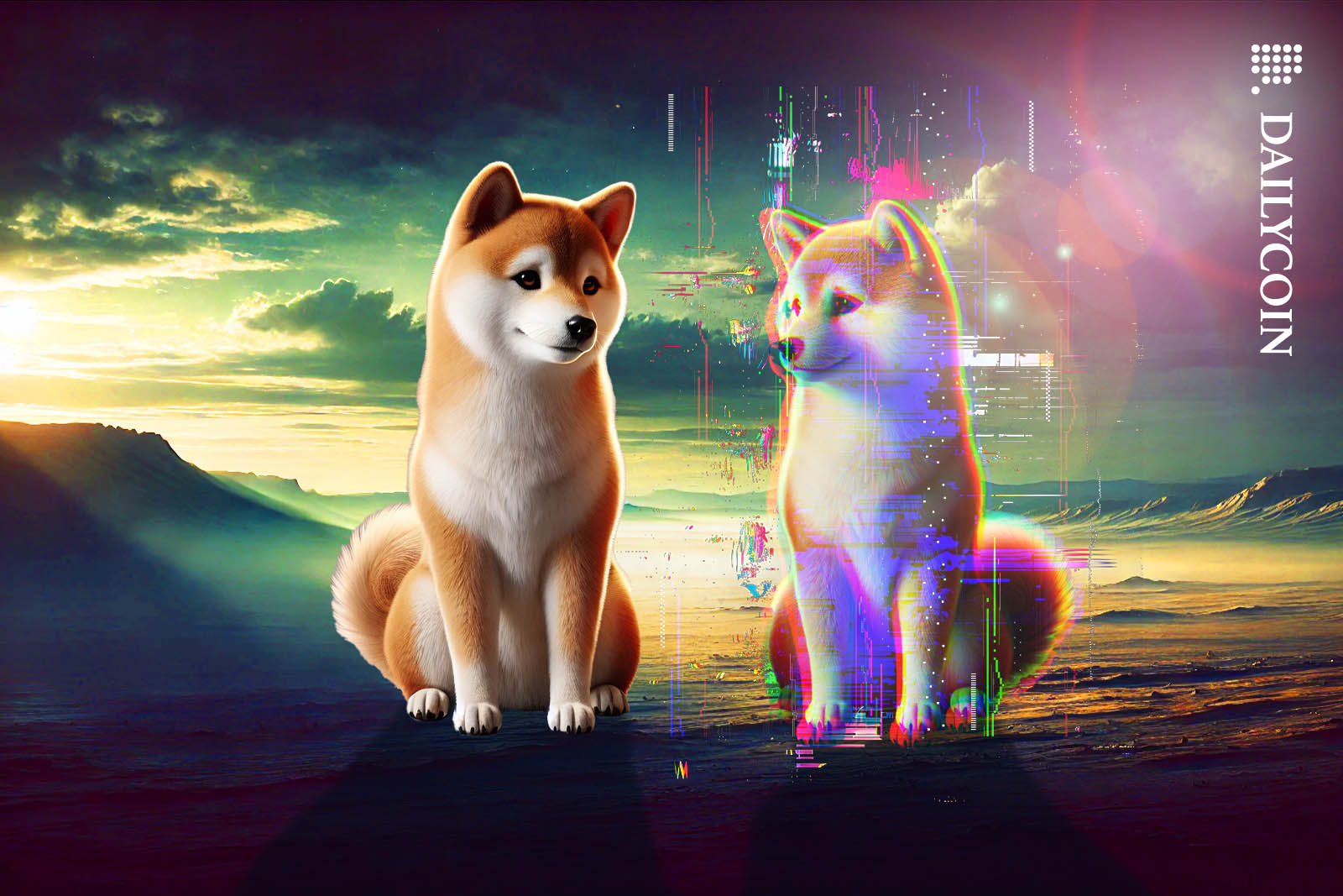 Two shiba Inu dogs looking at each other, one of them is glitchy.