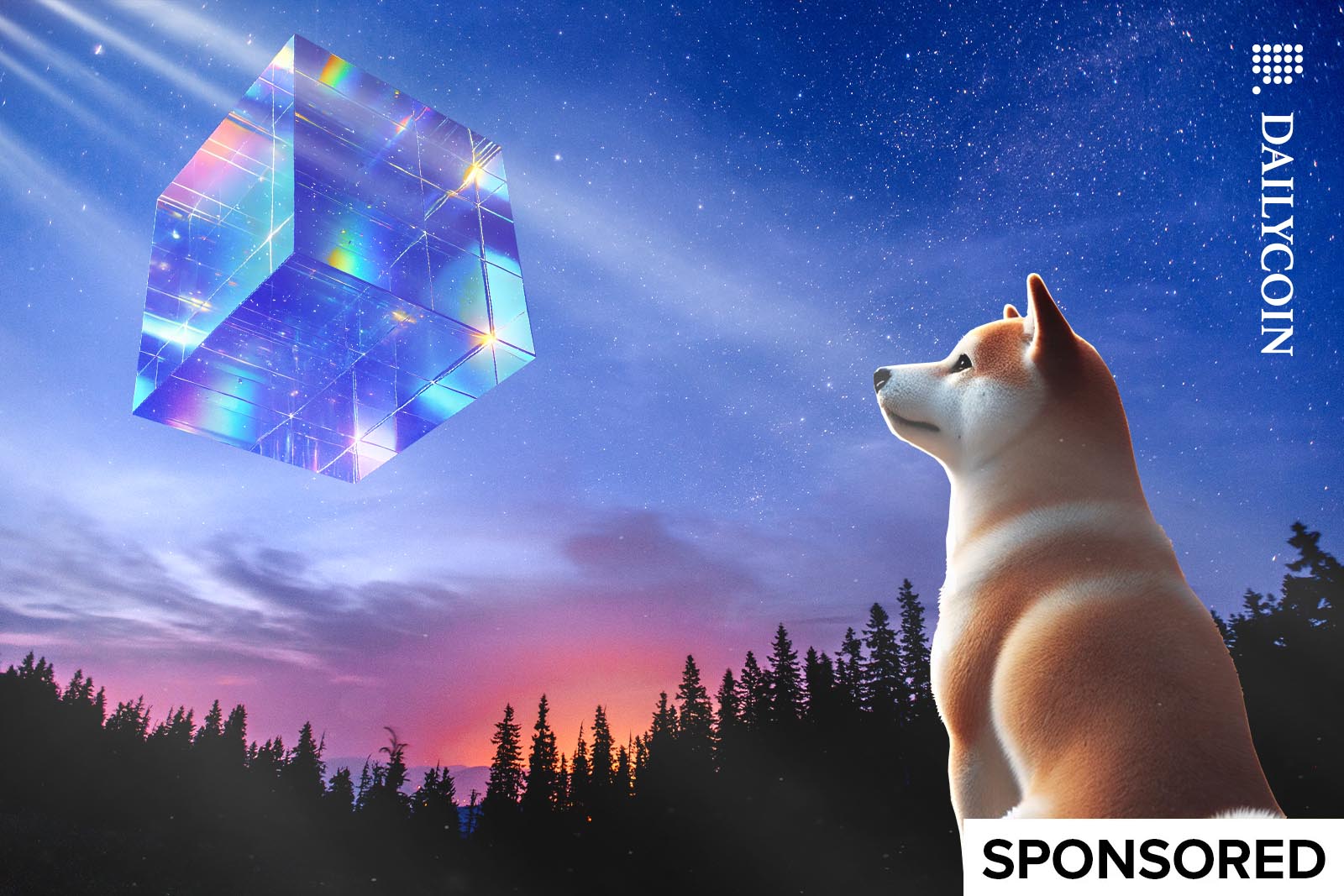 Shiba Inu looking at a huge glass cube on the night sky.