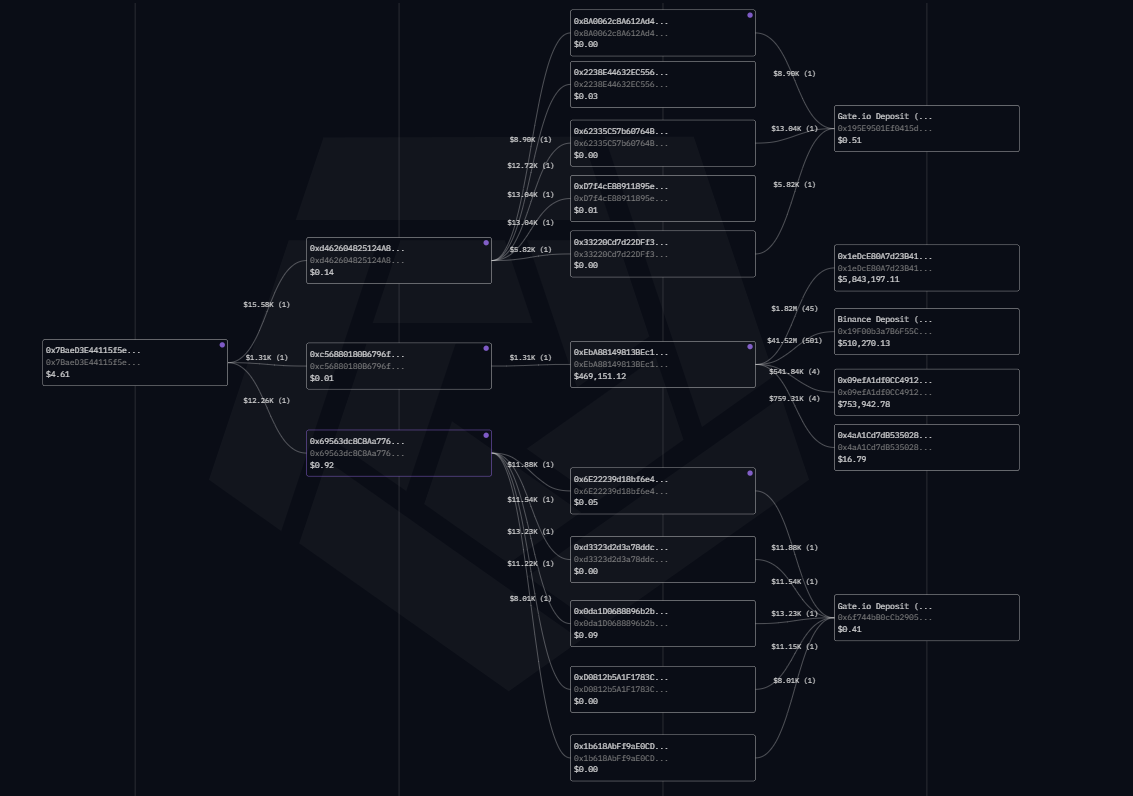 Wallet sends funds further to intermediaries that accumulate income and withdraw via Gate.io exchange.
