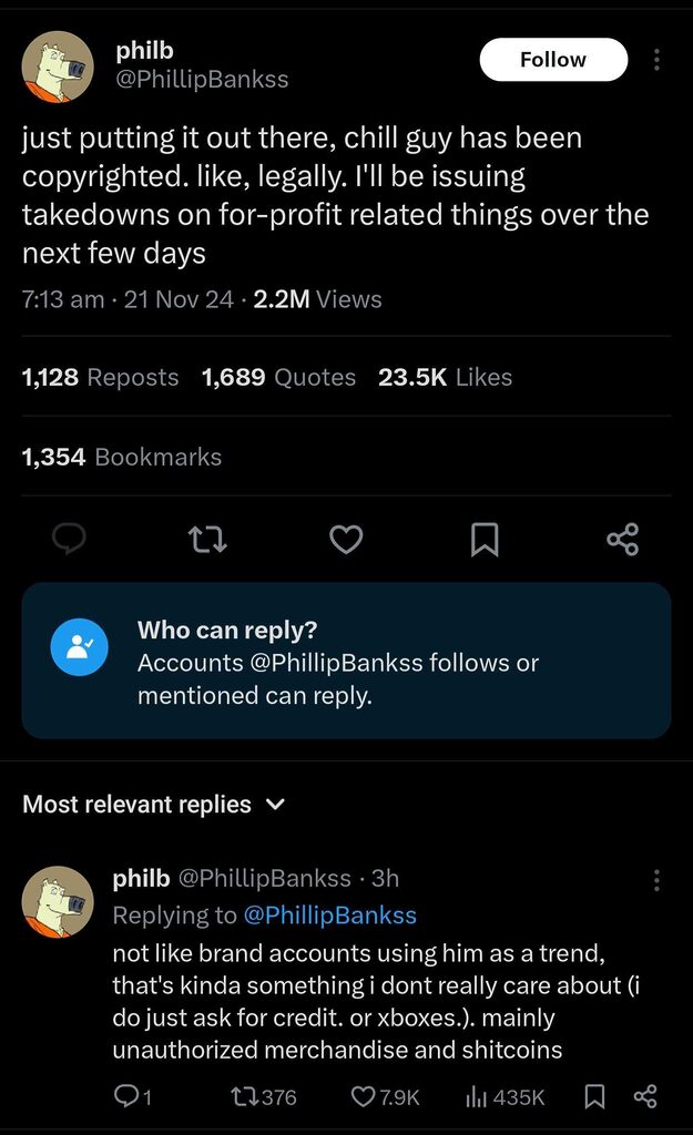Screengrab of Just a chill guy's creator's now-protected post